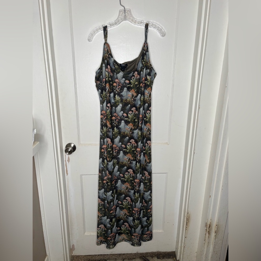 Thorn and Fable maxi dress with ghosts and mushrooms